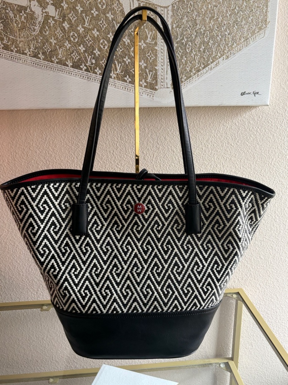 Michele Black & White Geometric Tote with Red Accent